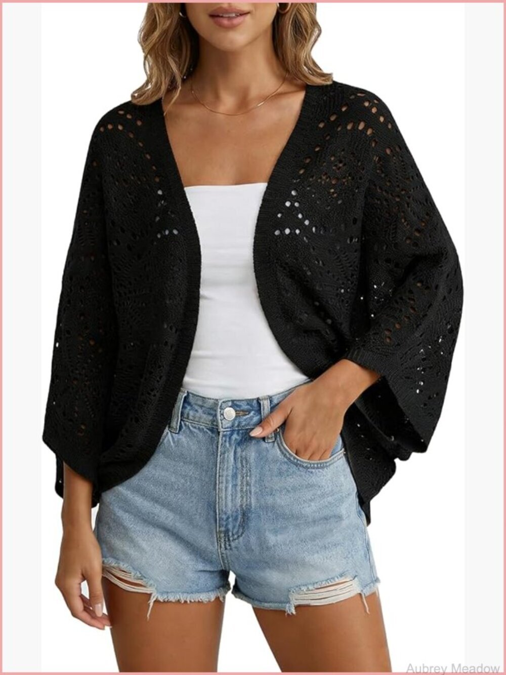 Crochet Cardigan Sweater Open Front 3/4 Sleeve Batwing Knit Kimono Top Boho